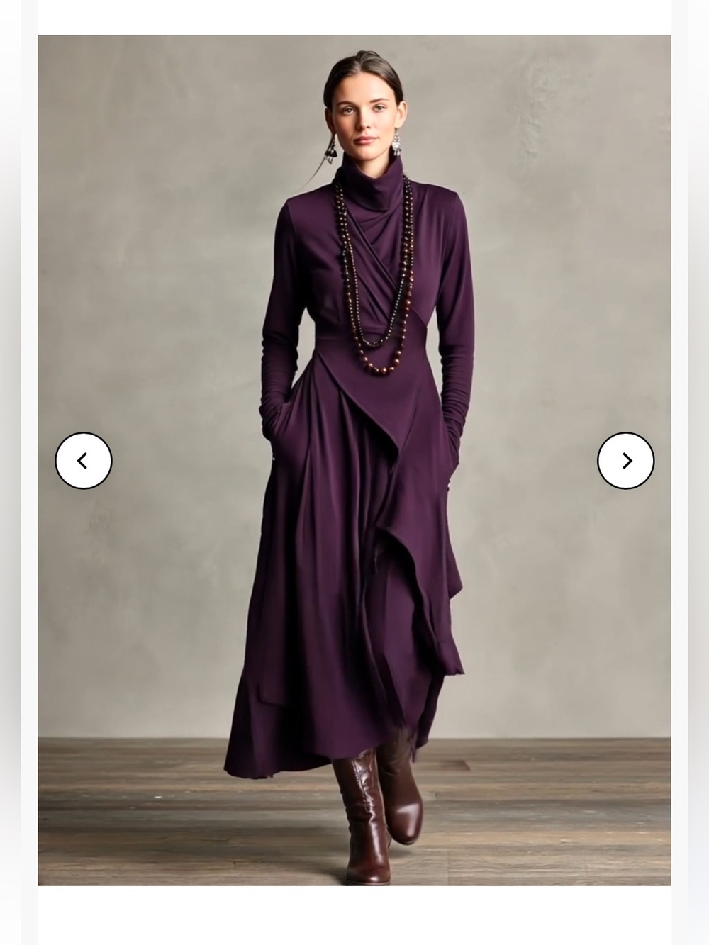 NWT Modesees Purple Bohemia Cotton Stretch Turtleneck Asymmetrical Draped Dress
